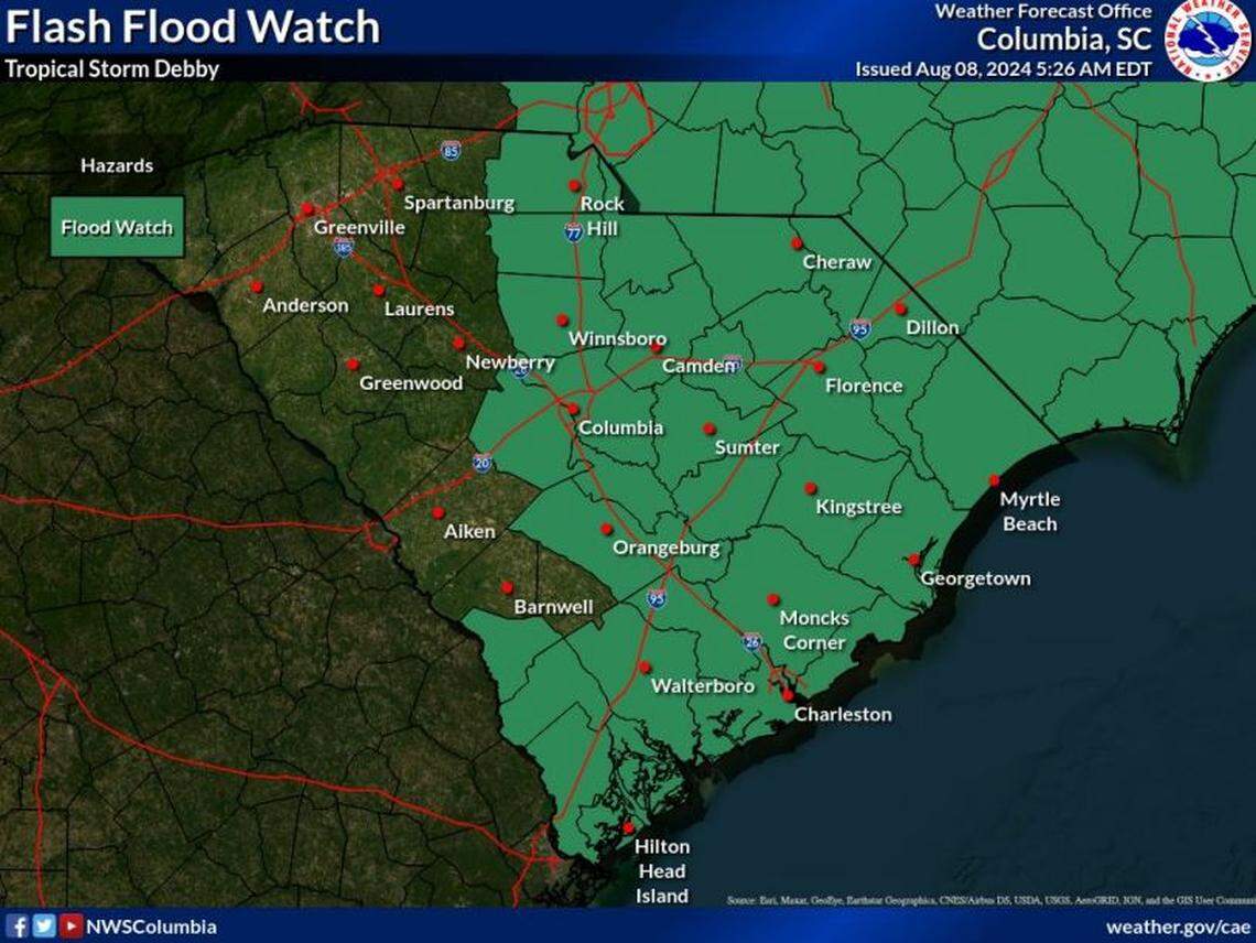 The forecast for Tropical Storm Debby tracks through South Carolina.
