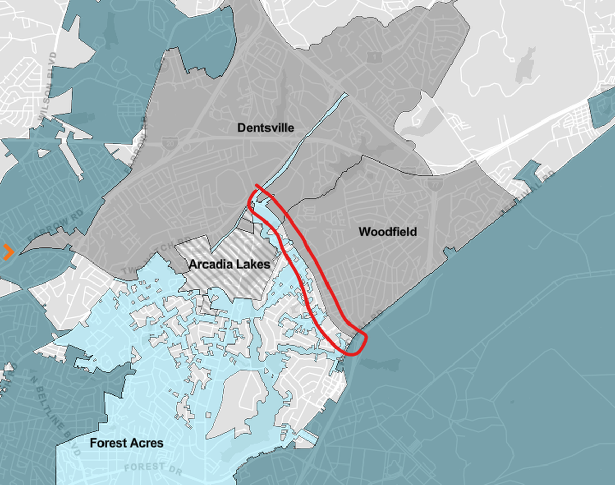 A zoomed-in map of Richland County with Decker Boulevard circled to show how it sits between several jurisdictions. 