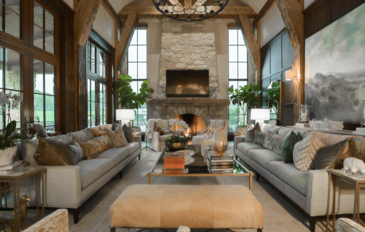 The house has several sitting areas inside and out.