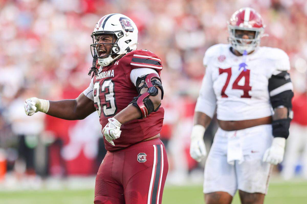 South Carolina defensive lineman Nick Barrett (93) reacts following a stop during the Gamecocks’ game against Alabama at Williams-Brice Stadium in Columbia on Saturday, October 25, 2025.