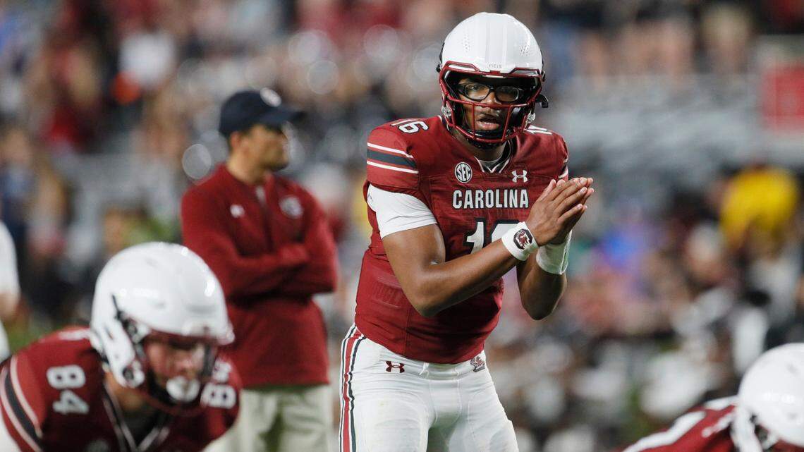 South Carolina Gamecocks quarterback LaNorris Sellers (16) plays in the Garnet & Black game at Williams Brice Stadium on Saturday, April 15, 2023.