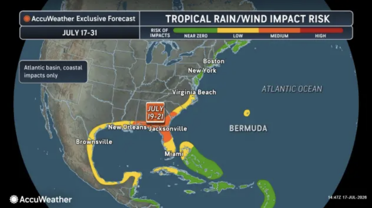 AccuWeather’s latest tropical storm forecast between July 17 and July 31.