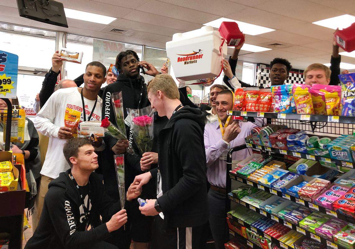 Following road victories, the Wofford Terriers stop for snacks at a local convenience store on their way home.