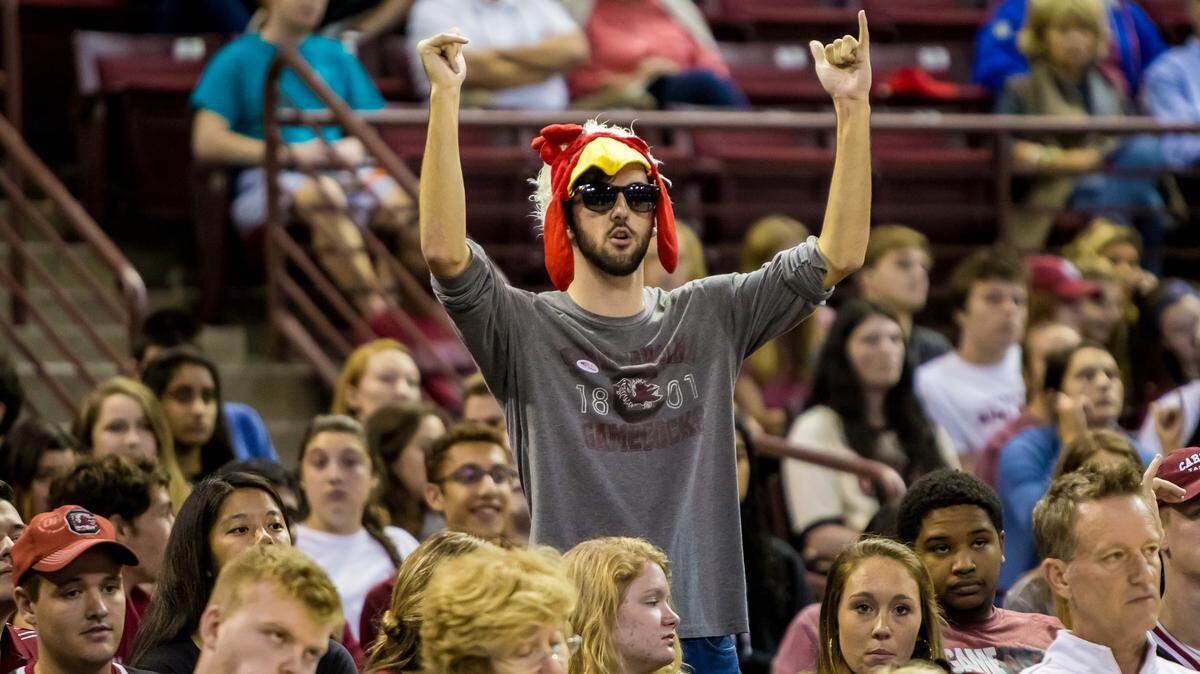 South Carolina Gamecocks fans cheer against the USC Upstate Spartans in the first half of their game at Colonial Life Arena.