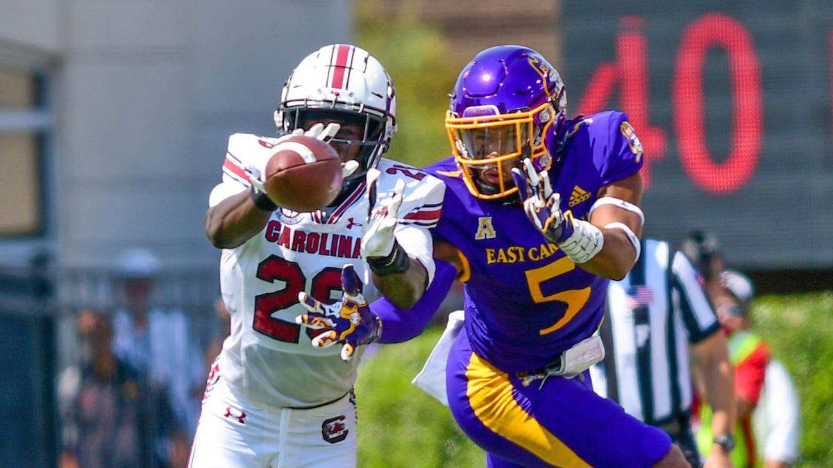 South Carolina’s Darius Rush intercepts a pass Saturday, Sept. 11 against the East Carolina Pirates at Dowdy-Ficklen Stadium in Greenville, North Carolina.