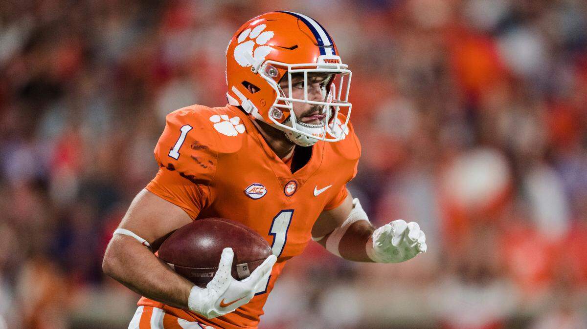 Clemson running back Will Shipley (1) runs with the ball in the first half of an NCAA college football game against North Carolina State, Saturday, Oct. 1, 2022, in Clemson, S.C. (AP Photo/Jacob Kupferman)