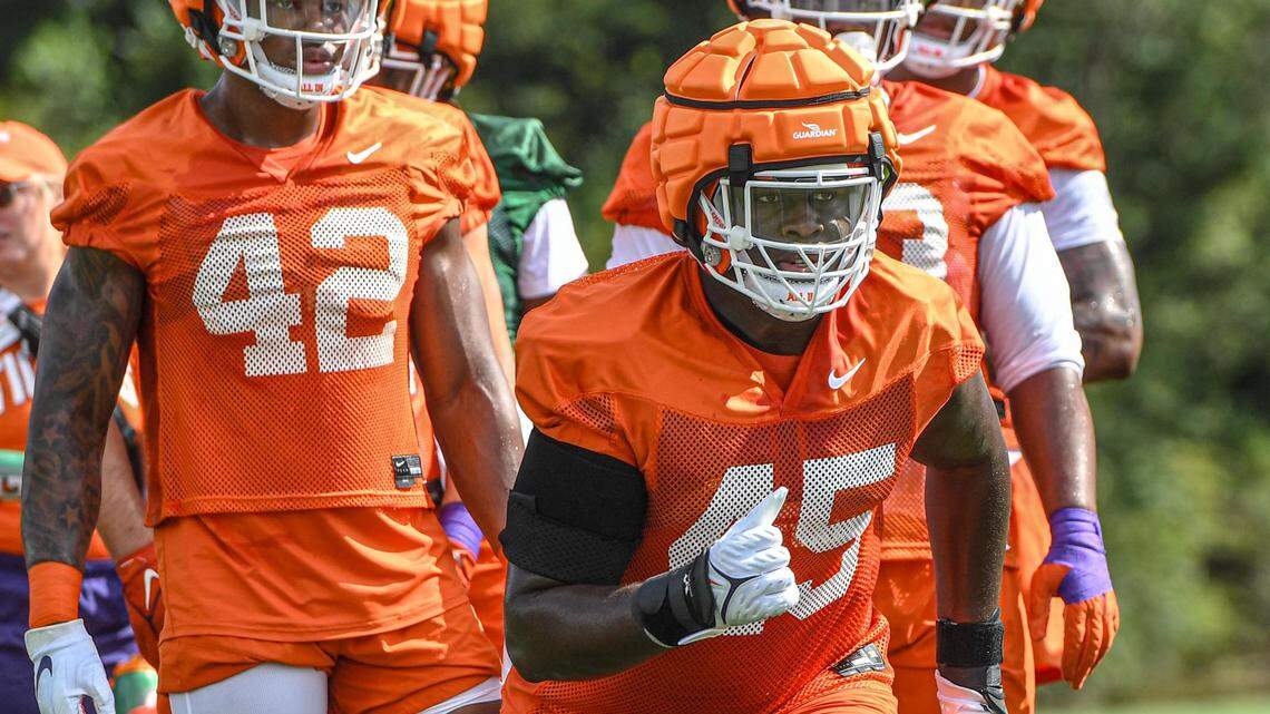 Clemson defensive lineman David Ojiegbe (42) and defensive lineman Vic Burley (45) during the first practice at Clemson, S.C. Friday, August 4, 2023.