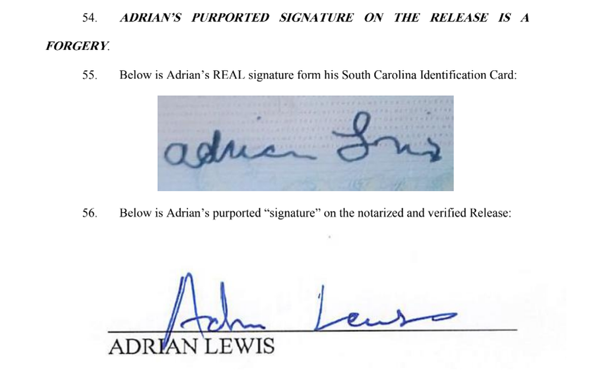 Attorneys for Adrian Lewis alleged that his signature was faked on a document authorizing a settlement in his lawsuit against the Dorchester County Sheriff’s Office.