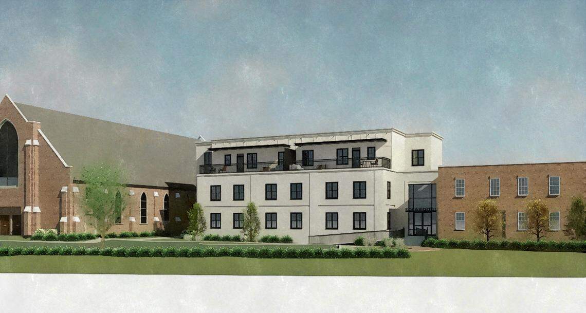 An exterior view of the former church building in Rosewood shows what it will look like converted to a residential space.