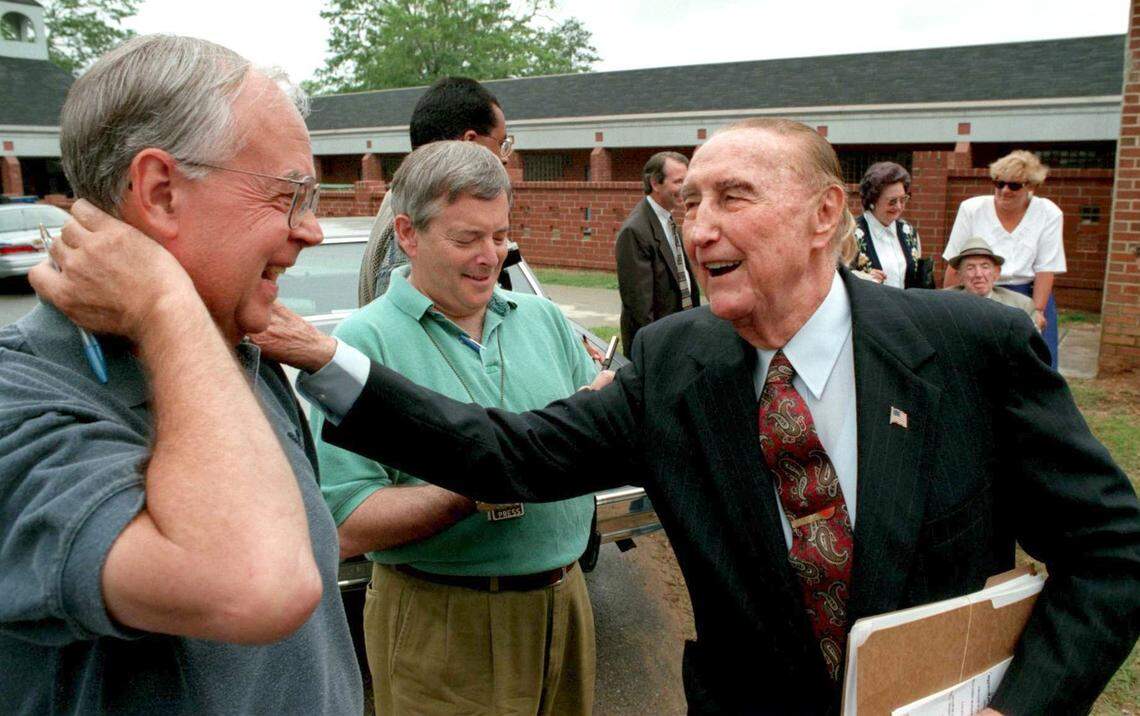 US Senator Strom Thurmond jokes with Lee Bandy, a reporter with The State newspaper. Bandy, who died in 2013, covered Thurmond for decades as a political writer.