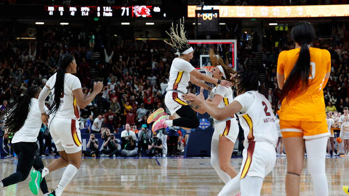 South Carolina’s Kamilla Cardoso (10) celebrates with Te-Hina Paopao (0) after making the game winning shot to beat Tennessee to advance in the SEC tournament in the Bon Secours Wellness Arena in Greenville on Friday, Mar. 8, 2024