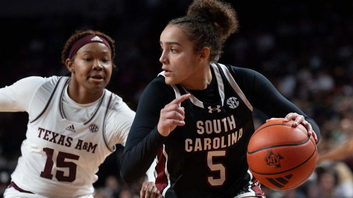 South Carolina guard Tessa Johnson (5) drives the baseline against Texas A&M guard Sole Williams (15) during the first half of an NCAA college basketball game, Sunday, Jan. 21, 2024, in College Station, Texas.