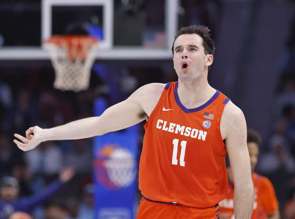 Clemson's Nick Davidson reacts after knocking down a 3-point basket during the second half of the Tiger’s 80-79 win over North Carolina in the ACC Tournament quarterfinals on Thursday, March 12, 2026, at the Spectrum Center in Charlotte, N.C. 
