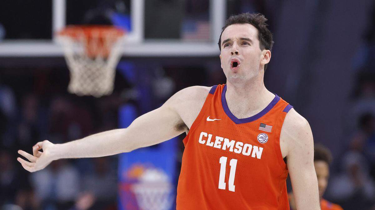 Clemson's Nick Davidson reacts after knocking down a three-point basket during the second half of the Tiger’s 80-79 win over North Carolina in the ACC Tournament quarterfinals on Thursday, March 12, 2026, at the Spectrum Center in Charlotte, N.C.