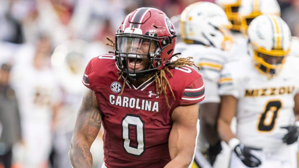 South Carolina Gamecocks linebacker Debo Williams (0) celebrates a tackle at Williams-Brice Stadium in Columbia, SC on Saturday, Oct. 29, 2022.