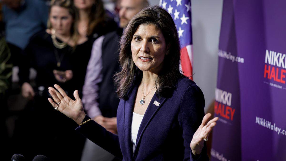 Candidate fort U.S. President, Nikki Haley speaks during a campaign rally at Thunder Tower Harley Davidson in Pontiac on Monday, Feb. 12, 2024.