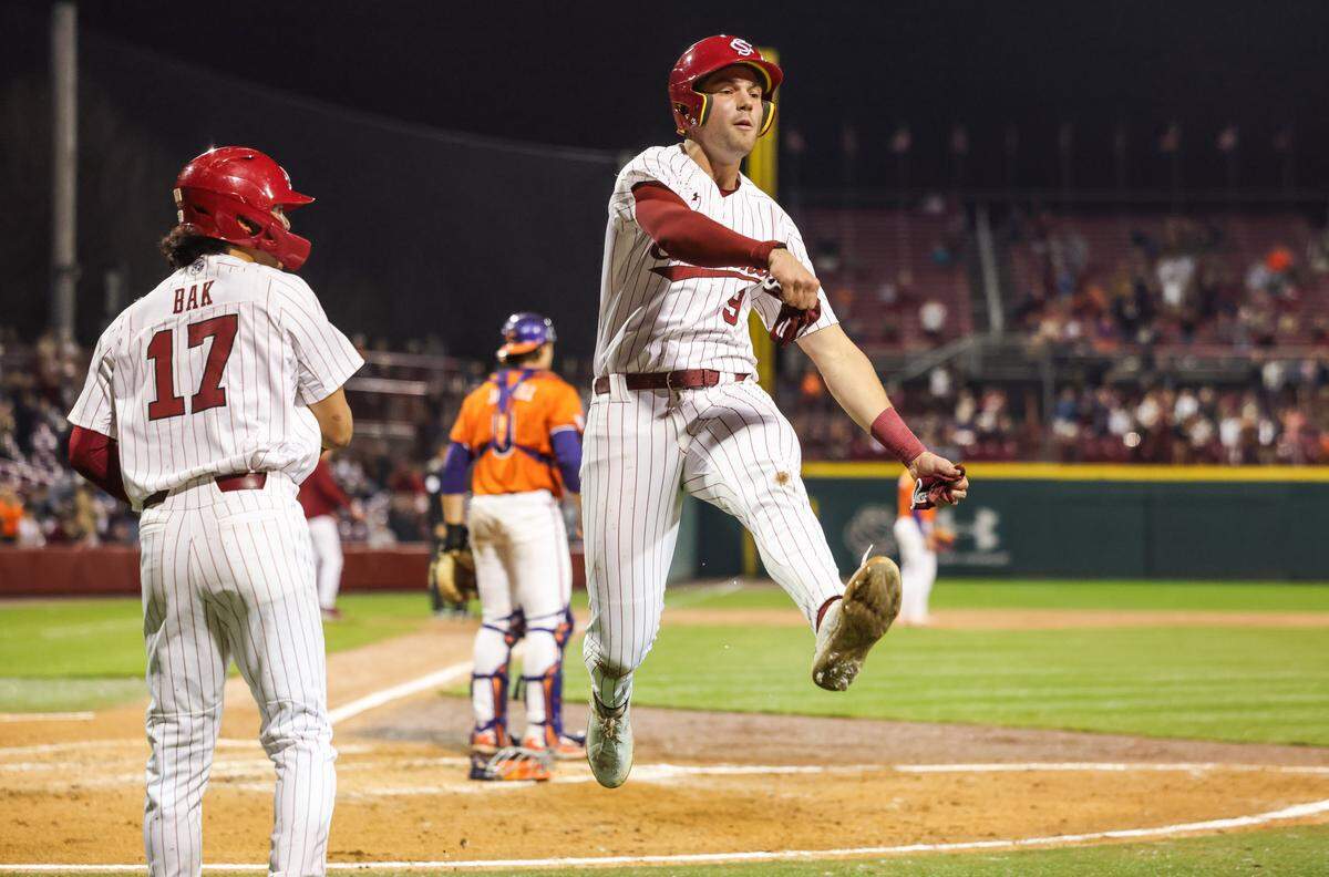 Will Craddock (9) celebrates after scoring during South Carolina’s game against Clemson in Columbia on Friday, February 27, 2026.