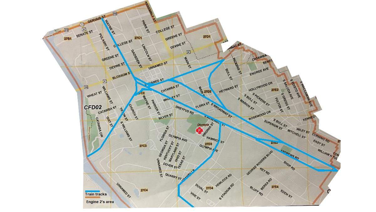 The orange line denotes the boundary of service of station 2. The blue line shows railroad tracks. Trains on Assembly street could stop a truck out of station 2 from being able to reach a main thoroughfare in Columbia.