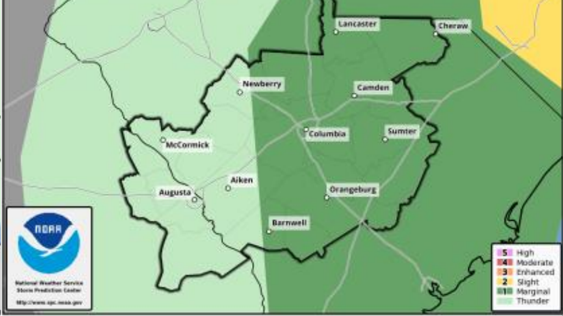 The National Weather Service is predicting a marginal chance for severe thunderstorms, tornadoes in the Midlands Saturday night and Sunday.