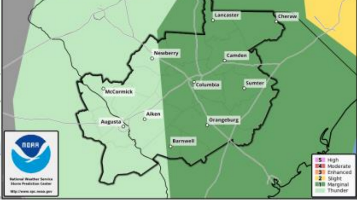The National Weather Service is predicting a marginal chance for severe thunderstorms, tornadoes in the Midlands Saturday night and Sunday.