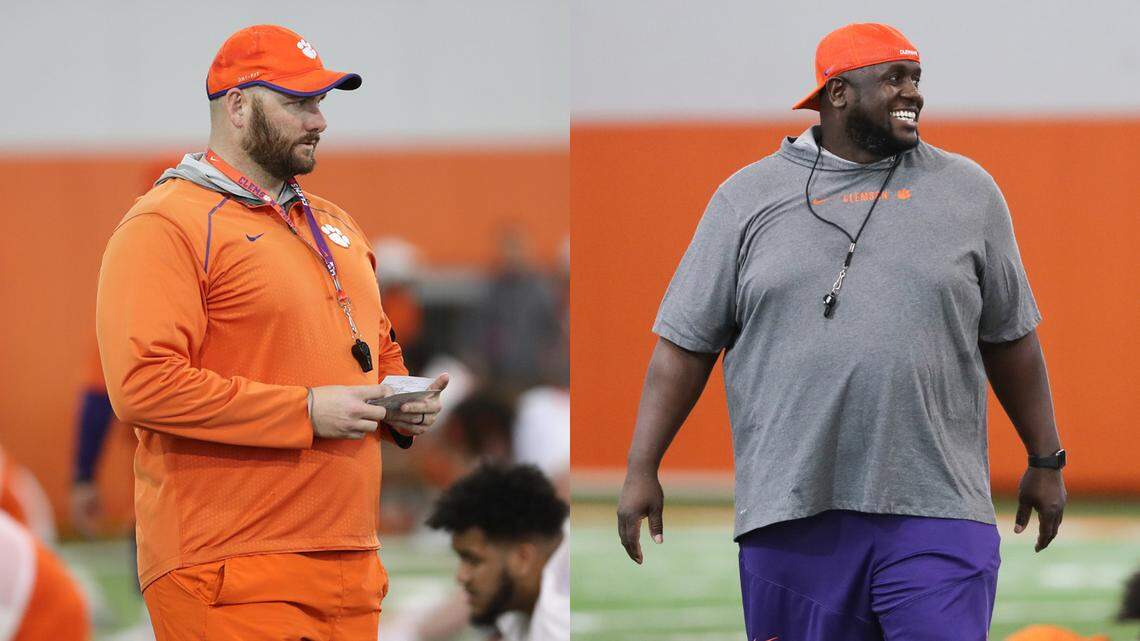 First-year Clemson football assistant coaches Thomas Austin (left) and Nick Eason (right) are thriving as recruiters.