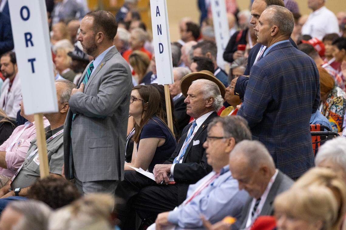 South Carolina Governor Henry McMaster listens to chair nominations at the South Carolina Republican Party State Convention at River Bluff High School on Saturday, May 20, 2023. Members of McMaster’s security detail stood next to the governor during the convention. 