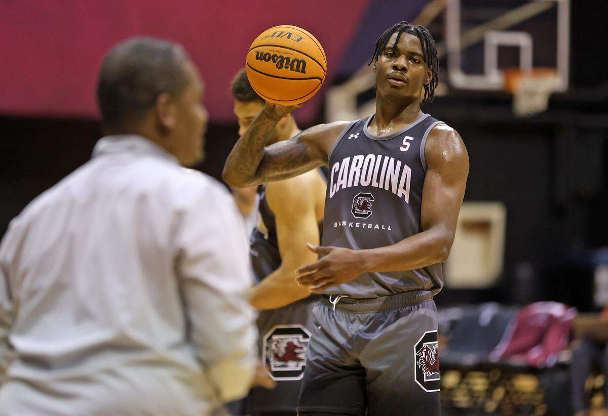 South Carolina’s Nick Pringle during a summer men’s basketball practice on Tuesday, July 30, 2024 inside Carolina Coliseum.