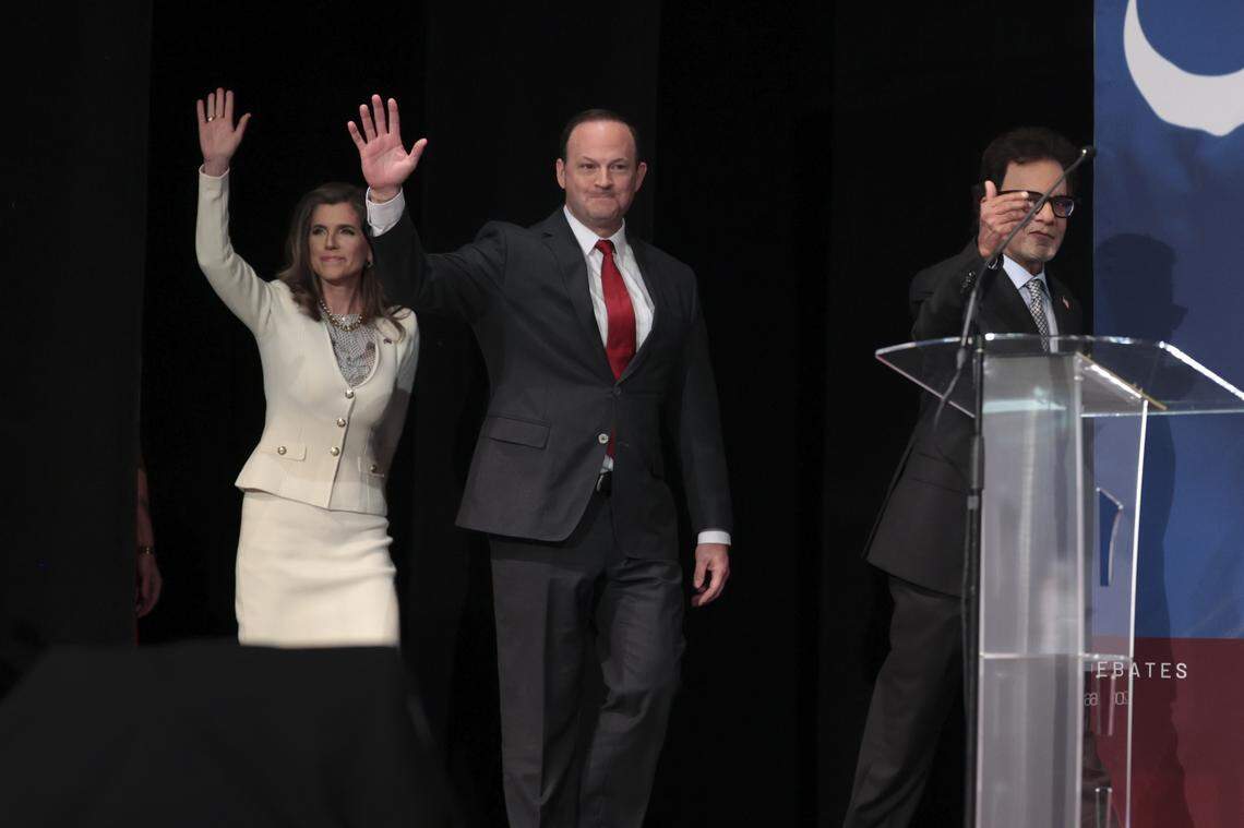 GOP candidates for South Carolina Governor, including businessman Rom Reddy, Attorney General Alan Wilson and U.S. Rep. Nancy Mace arrive for their televised debate at the Sottile Theater in Charleston on Tuesday, April 21, 2026.