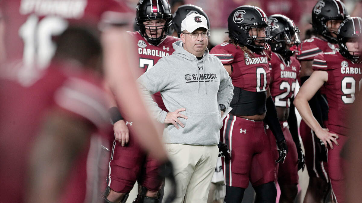 South Carolina’s Pete Lembo during warmups ahead of the Gamecocks’ Oct. 22, 2022 game against Texas A&M at Williams-Brice Stadium.