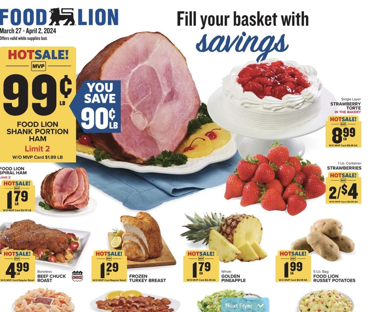 Ads that show Easter food deals at Food Lions in the Columbia area.