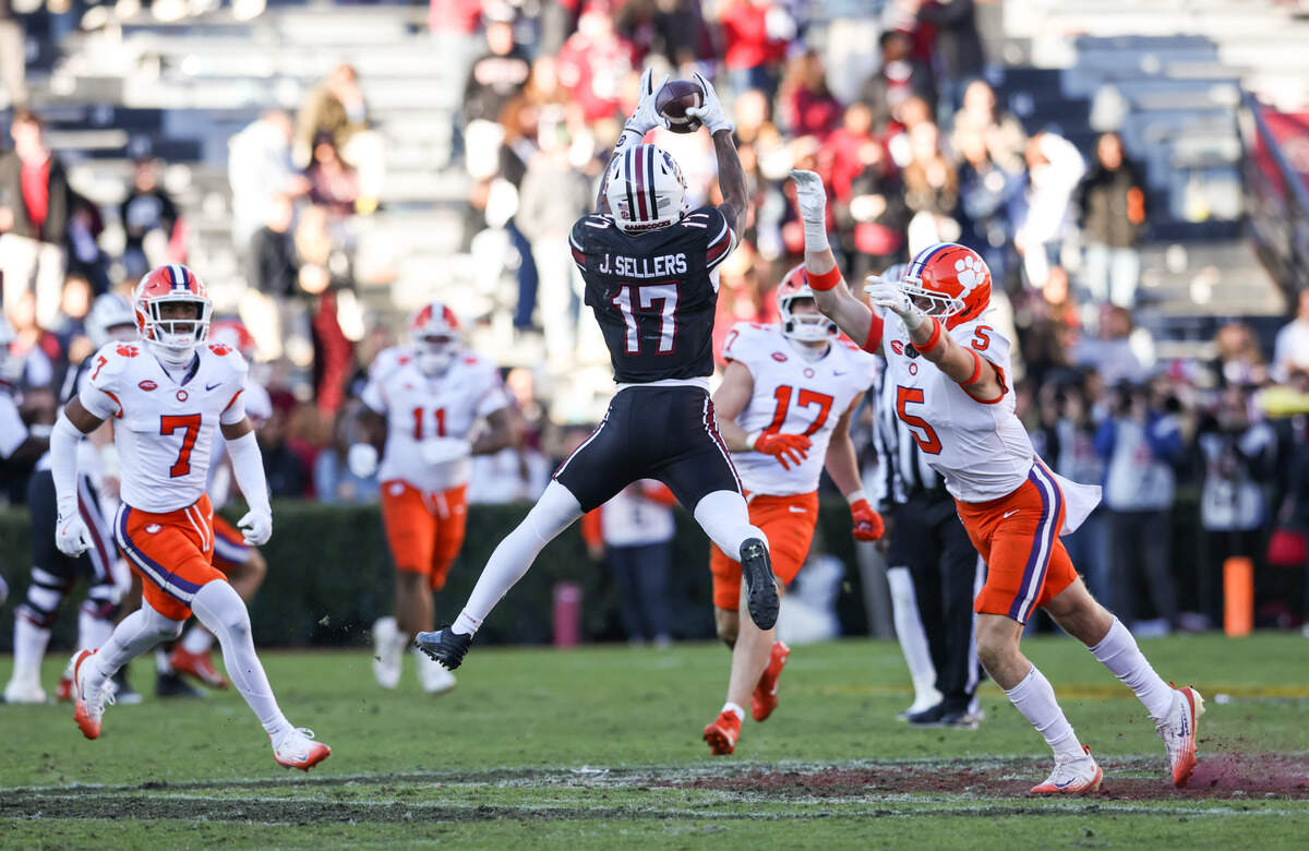South Carolina wide receiver Jayden Sellers (17) leaps up for a pass during the second half of South Carolina’s game against Clemson at Williams-Brice Stadium in Columbia on Saturday, November 29, 2025.