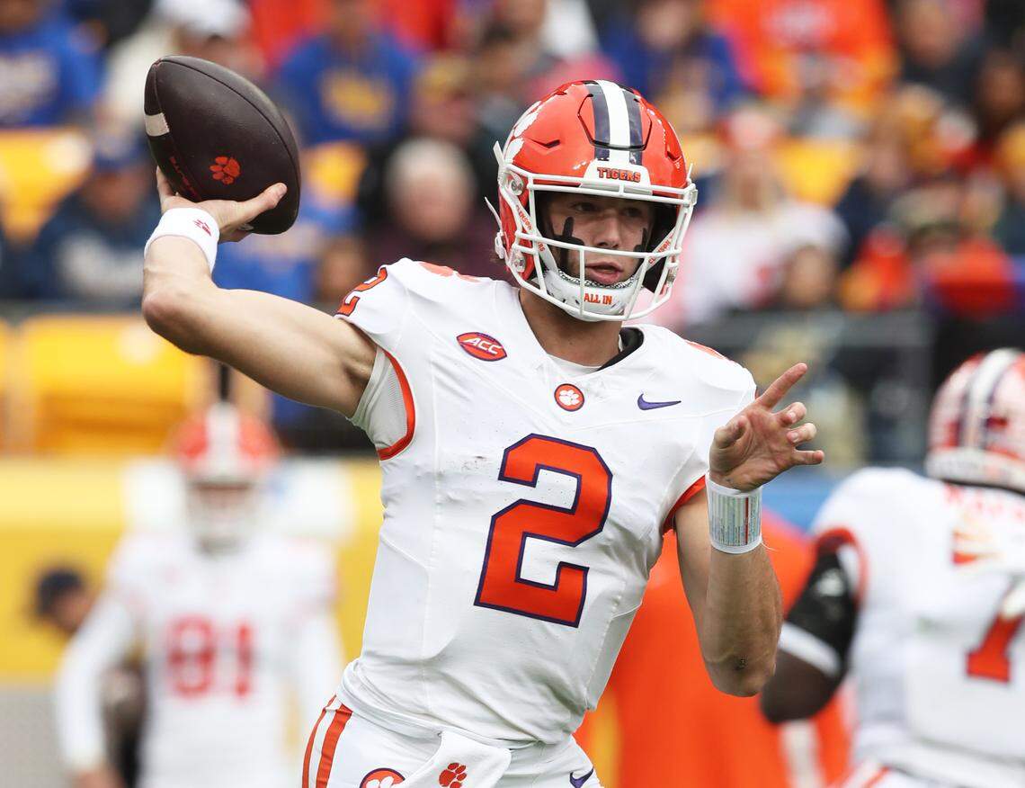 Clemson Tigers quarterback Cade Klubnik (2) passes against the Pittsburgh Panthers during the first quarter at Acrisure Stadium.
