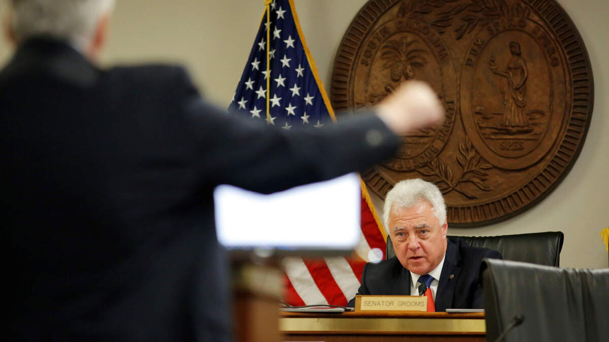 Sen. Larry Grooms listens to a speaker during an April 2024 subcommittee meeting at the South Carolina Statehouse. (Travis Bell/STATEHOUSE CAROLINA)
