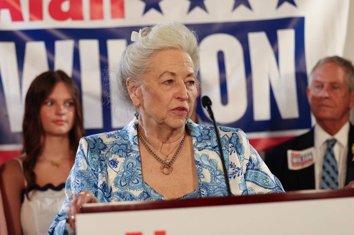 Laura Hudson speaks before Alan Wilson, announced he is running for Governor of South Carolina on Monday, June 24, 2025. The announcement was made at Hudson’s Smokehouse in Lexington.