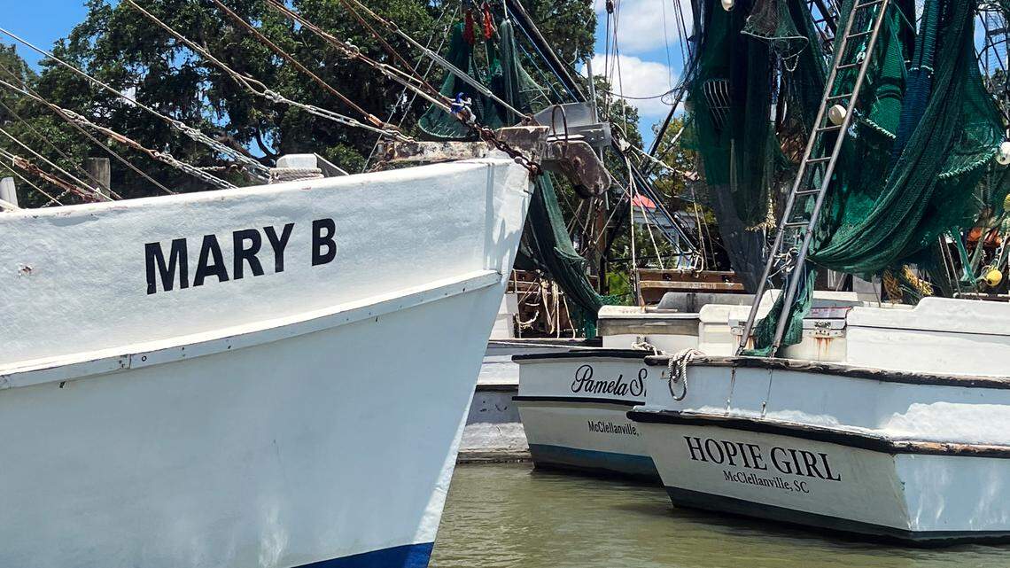 Shrimp trawlers are tied to a pier in McClellanville, South Carolina on July 19, 2025. The Pamela Sue is owned by Bryan Jones, vice president of the South Carolina Shrimper’s Association.