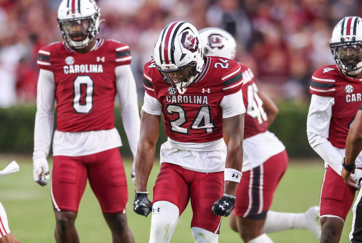 South Carolina defensive back Jalon Kilgore (24) celebrates following a stop during the Gamecocks’ game against Alabama at Williams-Brice Stadium in Columbia on Saturday, October 25, 2025.