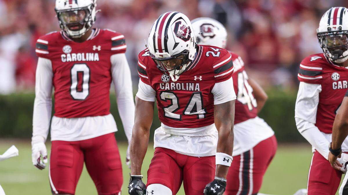 South Carolina defensive back Jalon Kilgore (24) celebrates following a stop during the Gamecocks’ game against Alabama at Williams-Brice Stadium in Columbia on Saturday, October 25, 2025.