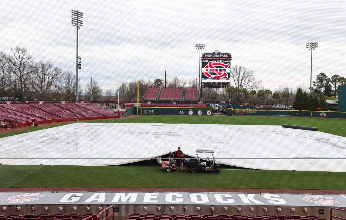 A tarp covers the field at Founders Park before South Carolina’s game against Navy in Columbia on Saturday, February 21, 2026.