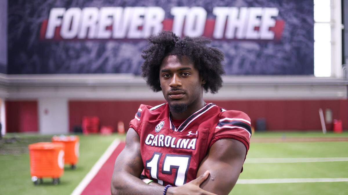 South Carolina wide receiver Xavier Legette during Media Day at the Spurrier Indoor Practice Facility in Columbia on Thursday, August 3, 2023.
