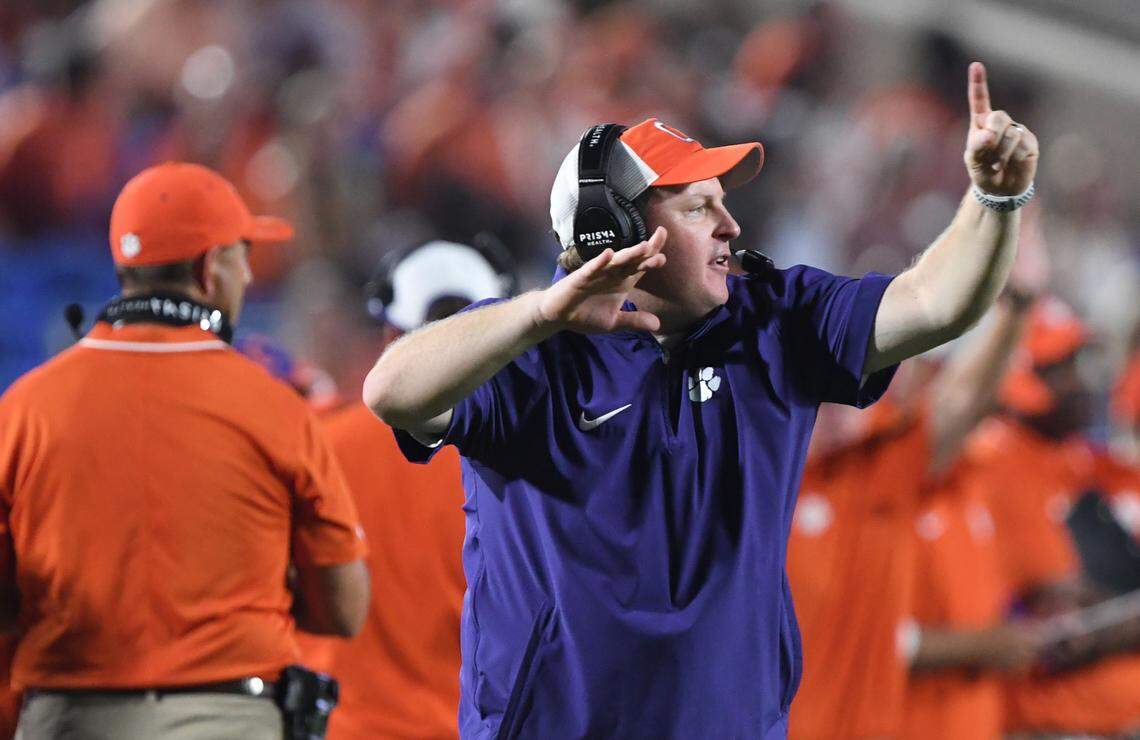Sep 4, 2023; Durham, North Carolina, USA; Clemson Tigers defensive coordinator Wes Goodwin during the second quarter against the Duke Blue Devils at Wallace Wade Stadium in Durham, N.C. Mandatory Credit: Ken Ruinard-USA TODAY Sports
