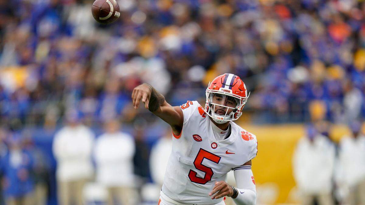 Clemson quarterback D.J. Uiagalelei (5) passes against Pittsburgh during the first half of an NCAA college football game, Saturday, Oct. 23, 2021, in Pittsburgh. (AP Photo/Keith Srakocic)