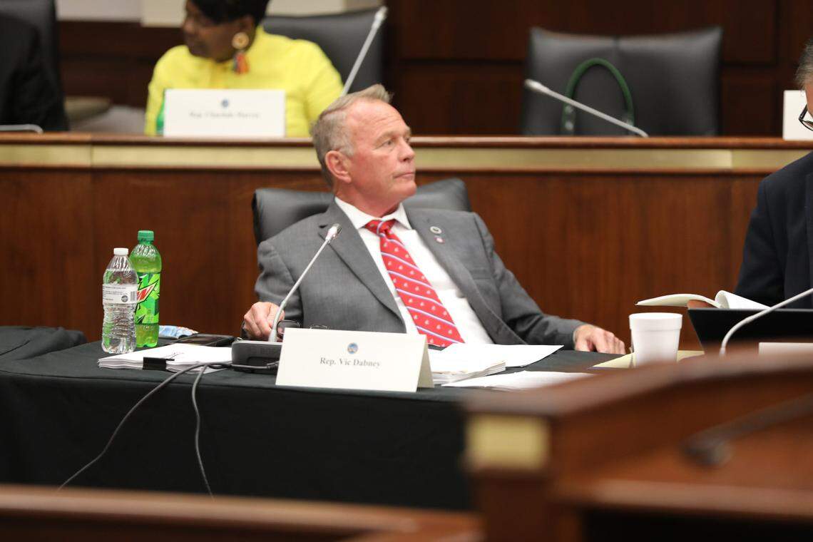 South Carolina Rep. Vic Dabney, R-Kershaw, proposes more than 100 amendments to a bill allowing medical marijuana in the state during a House Medical, Military, Public and Municipal Affairs Committee meeting on Thursday, April 7, 2022, in Columbia South Carolina. (AP Photo/Jeffrey Collins)