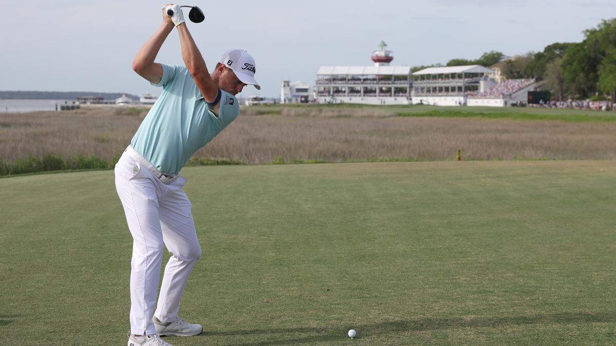Justin Thomas of the United States plays his shot from the 18th tee on April 20 during the final round of the RBC Heritage 2025 at Harbour Town Golf Links.
