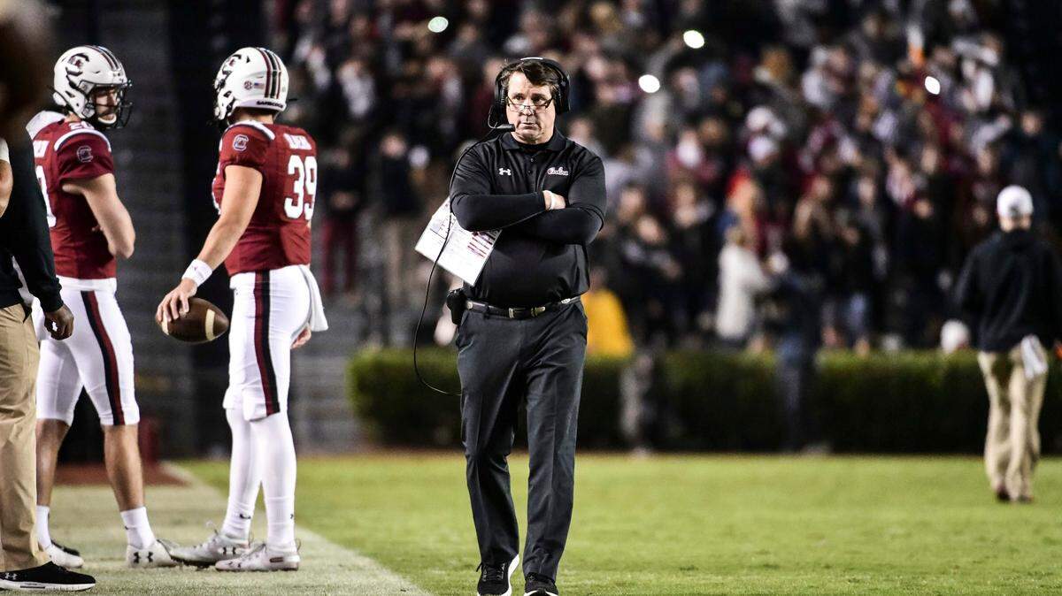 South Carolina head coach Will Muschamp walks on the sideline during the second half of an NCAA college football game Saturday, Nov. 2, 2019, in Columbia, S.C. South Carolina defeated Vanderbilt 24-7. (AP Photo/Sean Rayford)