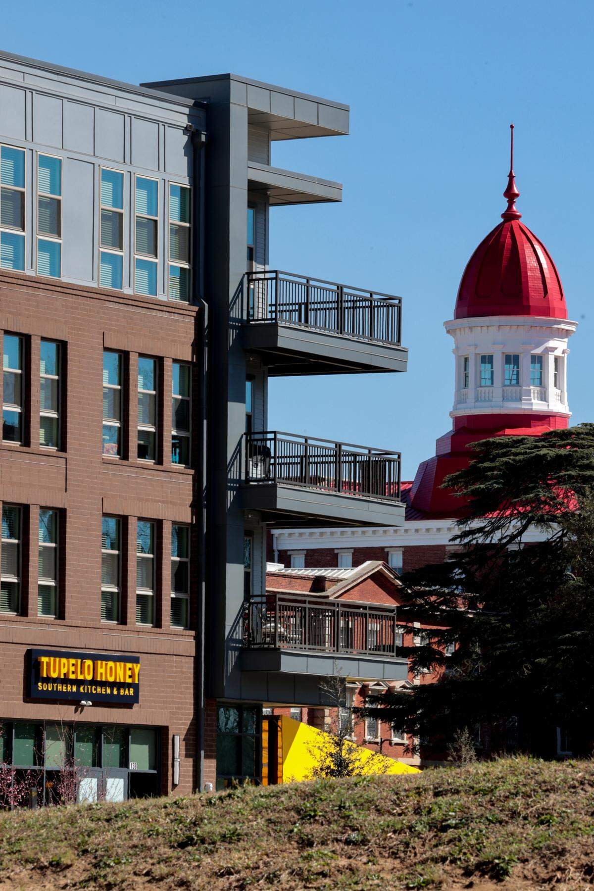 The historic Babcock building is seen near The Bennet at BullStreet apartment homes and retail space.