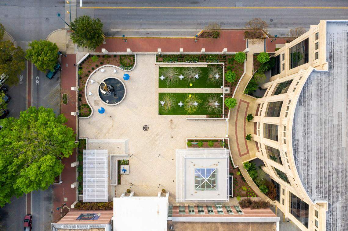 Boyd Plaza, in front of the Columbia Museum of Art at the intersection of Hampton Street and Main Street, the normal location of the Soda City Market, is nearly deserted Saturday morning, March 28, 2020, due to the Coronavirus.