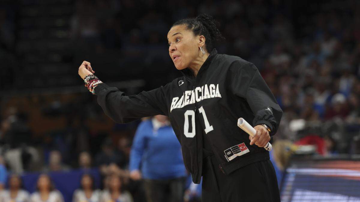 South Carolina's head coach Dawn Staley directs her team during the second half of action of their women's basketball game for the NCAA national championship against UCLA at Mortgage Matchup Center in Phoenix on Sunday, April 5,2026.