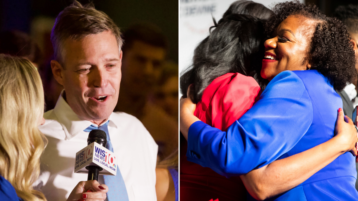 Tameika Isaac Devine and Daniel Rickenmann at their election watch parties on Tuesday, November 2, 2021. The two candidates for Columbia mayor ended the night without a 50% majority.