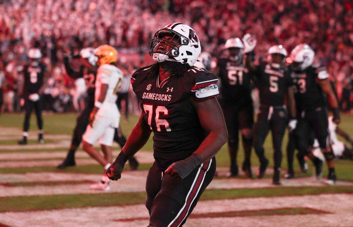 South Carolina offensive lineman Torricelli Simpkins III (76) celebrates following a touchdown in the final minute of the Gamecocks’ game against Missouri at Williams-Brice Stadium in Columbia on Saturday, November 16, 2024.