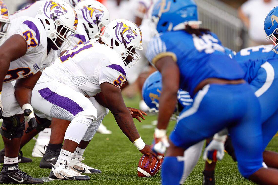 Benedict College center Nyzier Alston-Daniels prepares to snap the ball against Allen University on Saturday in a game played at Westwood High School.